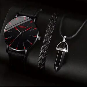Black and red watch, bracelet and necklace set